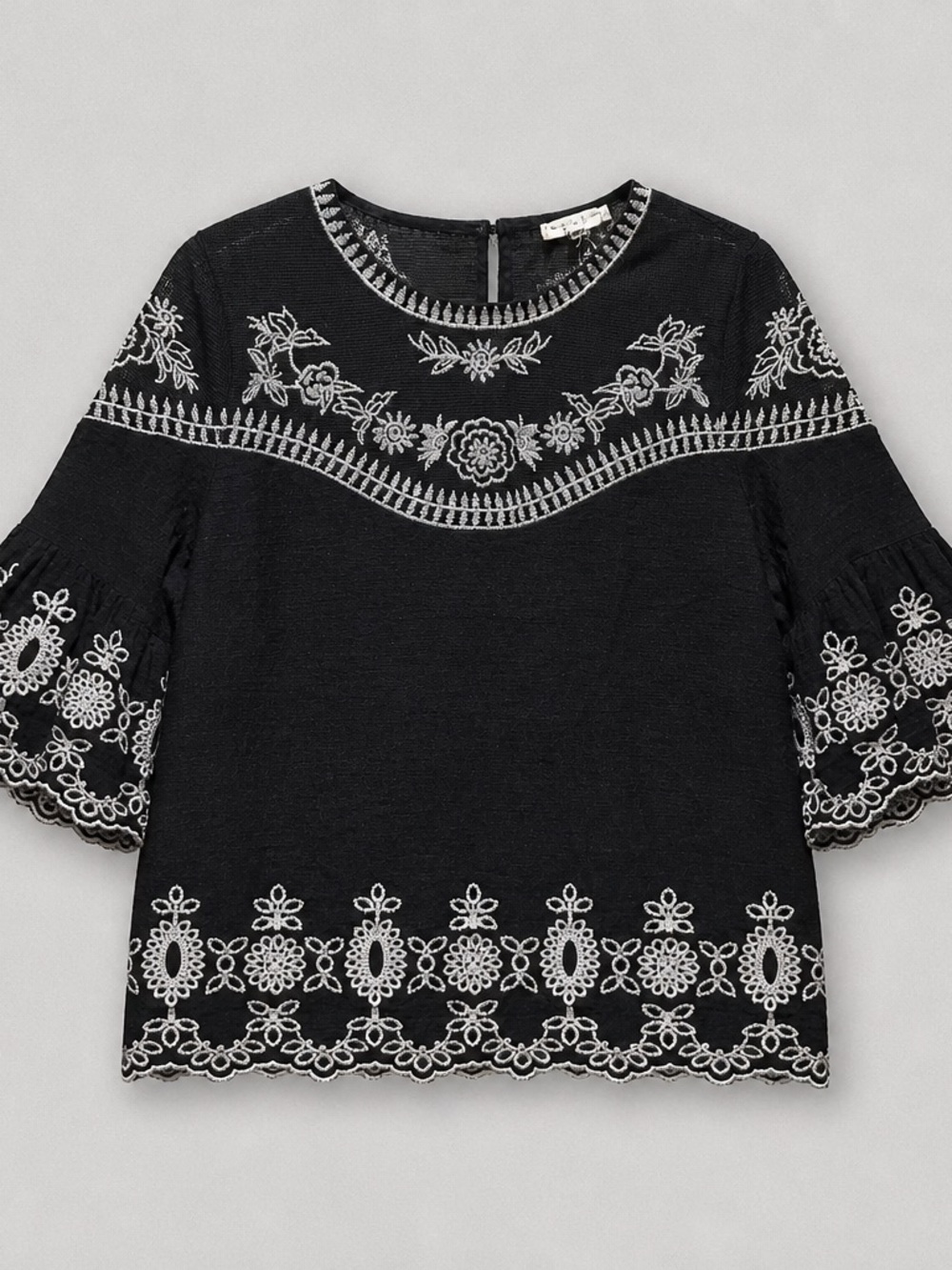 easel Black Blouse with White Floral Embroidery